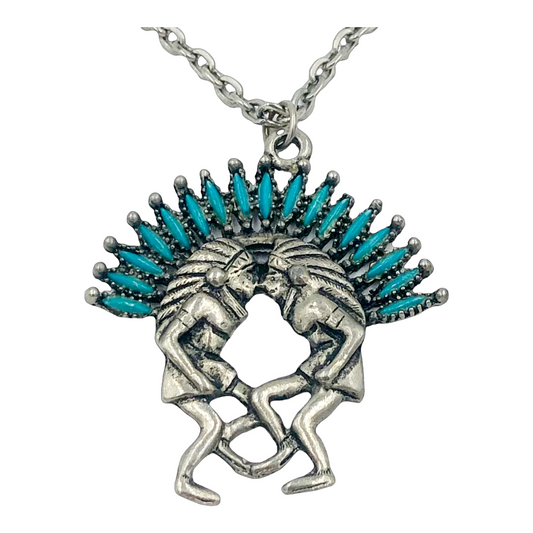 Native American Dance Pow Wow Faux Turquoise Silver Tone Necklace Pendant