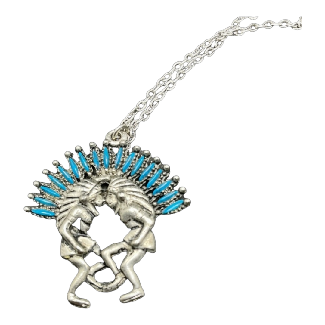 Native American Dance Pow Wow Faux Turquoise Silver Tone Necklace Pendant