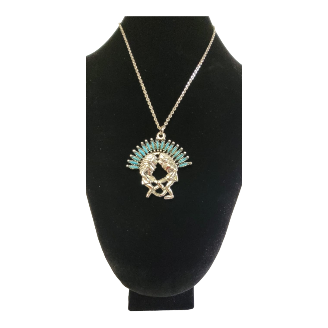 Native American Dance Pow Wow Faux Turquoise Silver Tone Necklace Pendant