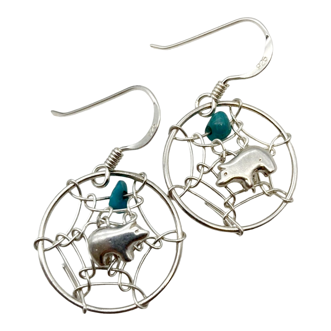 Beautiful *Sterling Silver Dangle "Bear Dream Catcher" Earrings