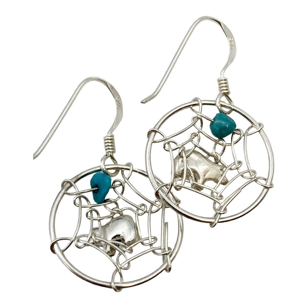 Beautiful *Sterling Silver Dangle "Bear Dream Catcher" Earrings