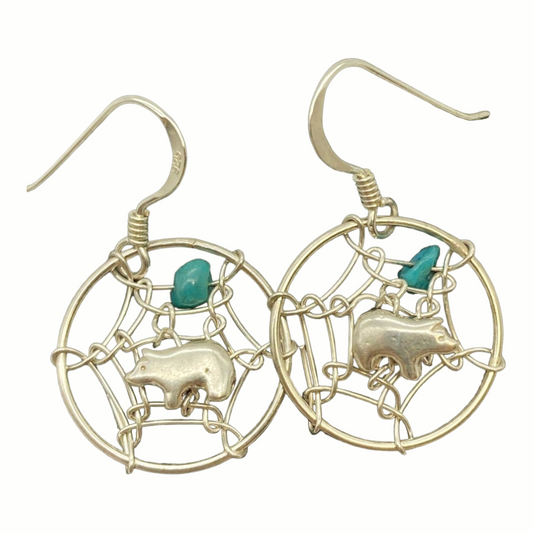 Beautiful *Sterling Silver Dangle "Bear Dream Catcher" Earrings