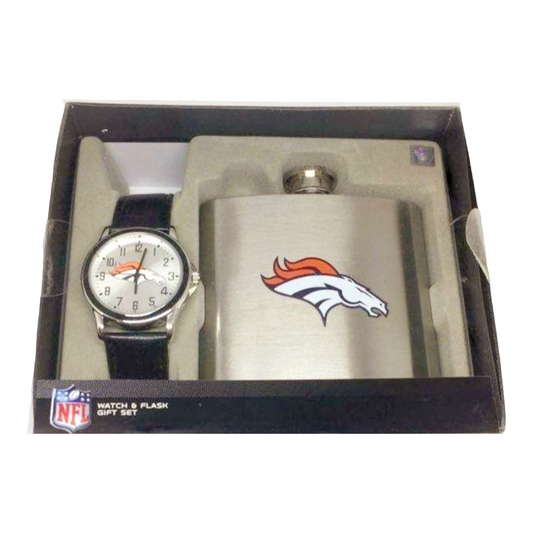 New *NFL Denver Broncos Leather Watch & Stainless Steel Flask Gift Set