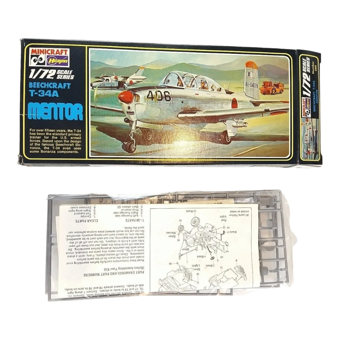 Vintage *Hasegawa Minicraft Beechcraft T-34A Mentor 1:72 Scale Model Plane Kit 88