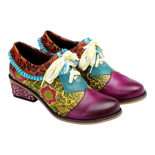 New *Bohemian Flower Splicing Pattern Lace Up Leather Low Heel Shoes (sz 10.5)