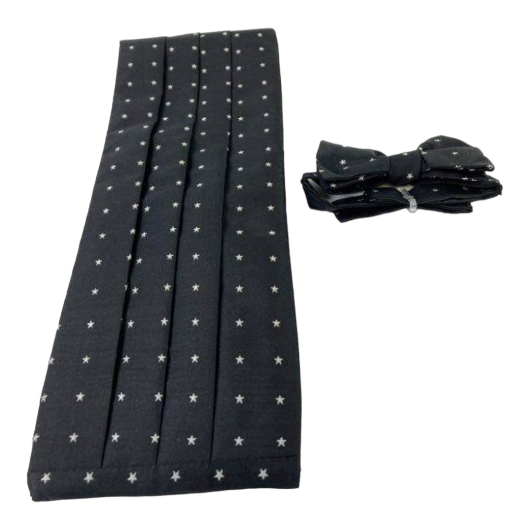 Tommy Hilfiger Silk Bow Tie & Cummerbund 'Black with Silver Stars' (Large)