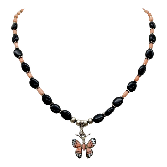Beautiful *Beaded Onyx & Coral 18" Inlaid Butterfly Necklace Sterling Silver .925