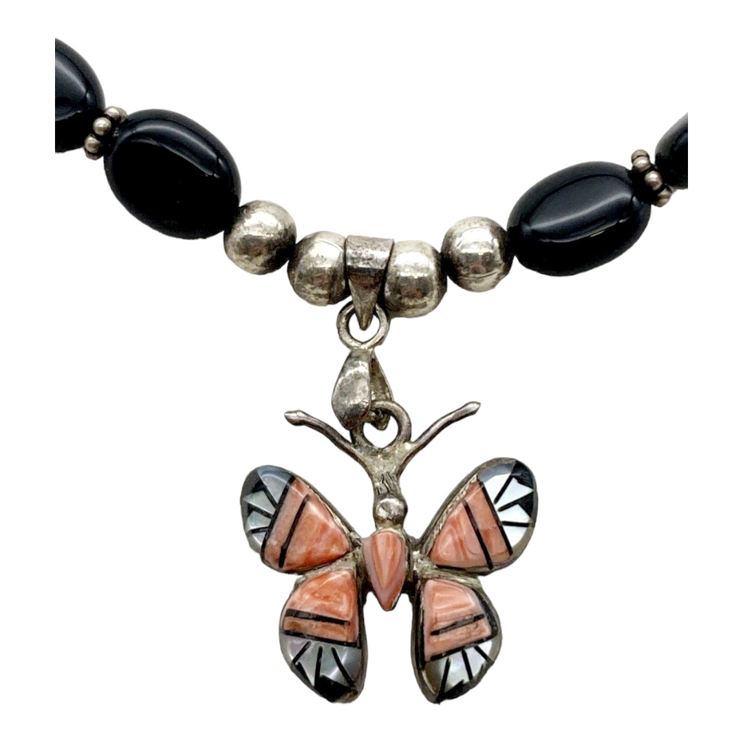 Beautiful *Beaded Onyx & Coral 18" Inlaid Butterfly Necklace Sterling Silver .925