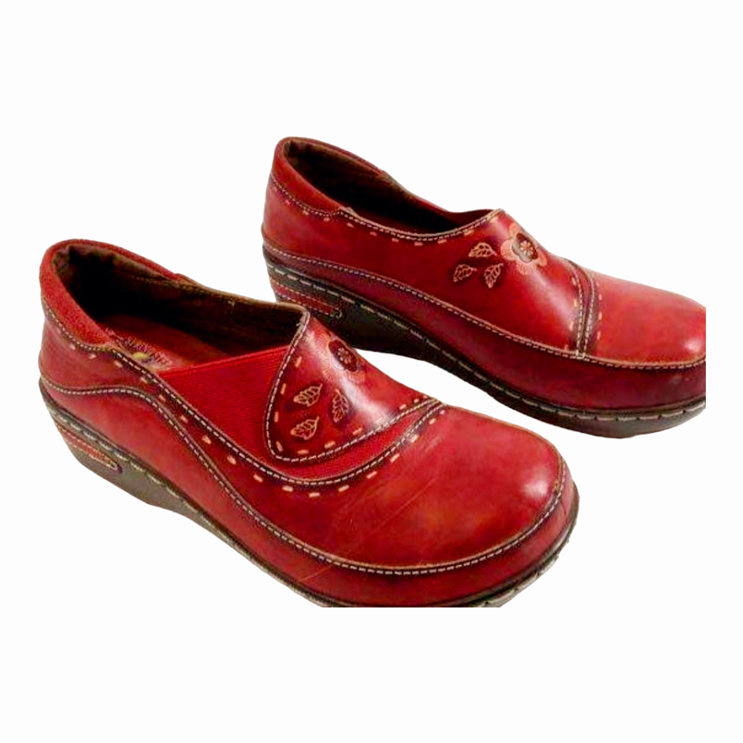 L'Artiste Red Leather Burbank Clogs Spring Step Women's Slip-On Shoes (Sz 39/8.5)