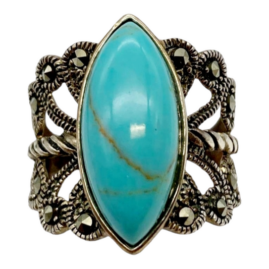 Beautiful *Silver & Turquoise Eloquent Scoll Ring (Size 8)