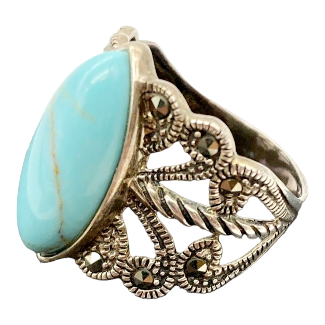 Beautiful *Silver & Turquoise Eloquent Scoll Ring (Size 8)