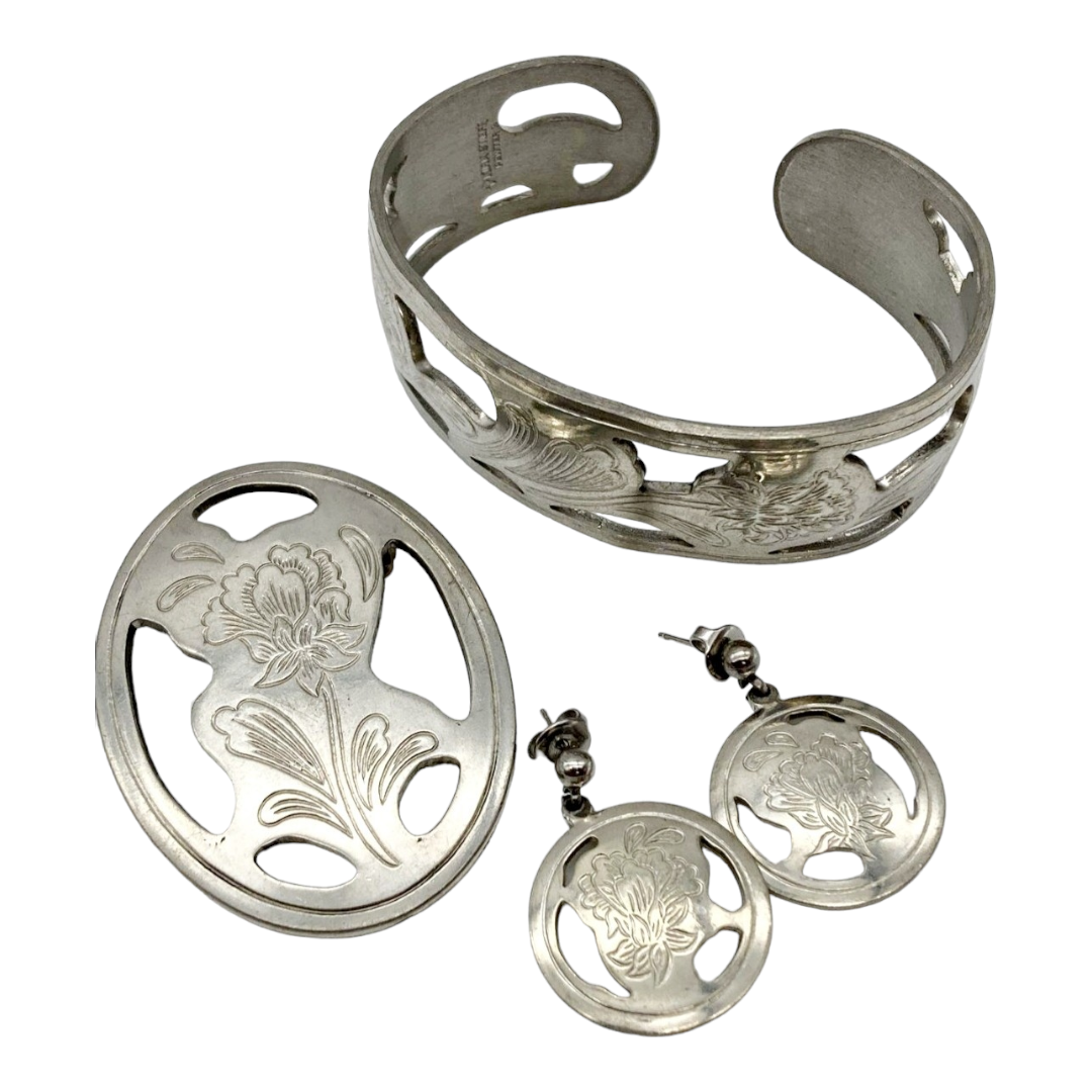 Beautiful *3 Piece Pewter Flower Jewelry Set [Bracelet Earrings Broach]