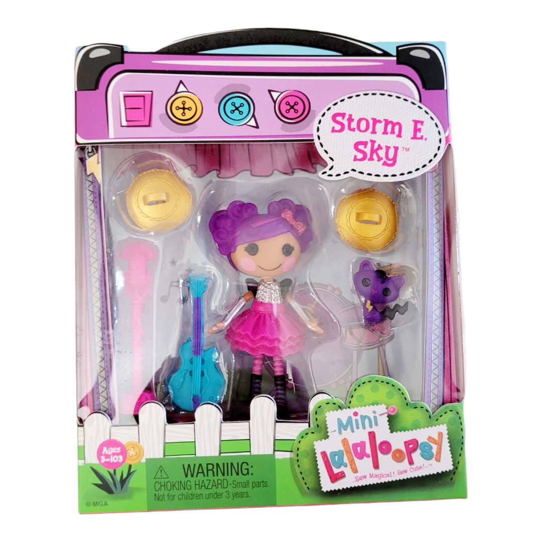 NEW *Lalaloopsy Mini Doll - Storm E. Sky w/ Cat, 3" Rocker Musician Purple Doll w/ Mini Guitar