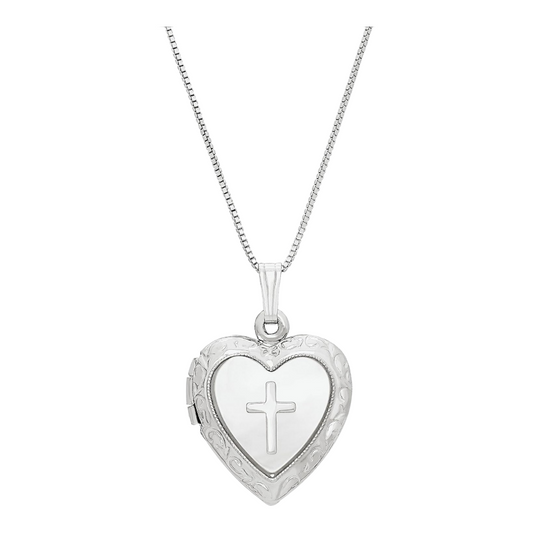 Cross Heart Locket Mother-of-Pearl Sterling Silver 18" Necklace