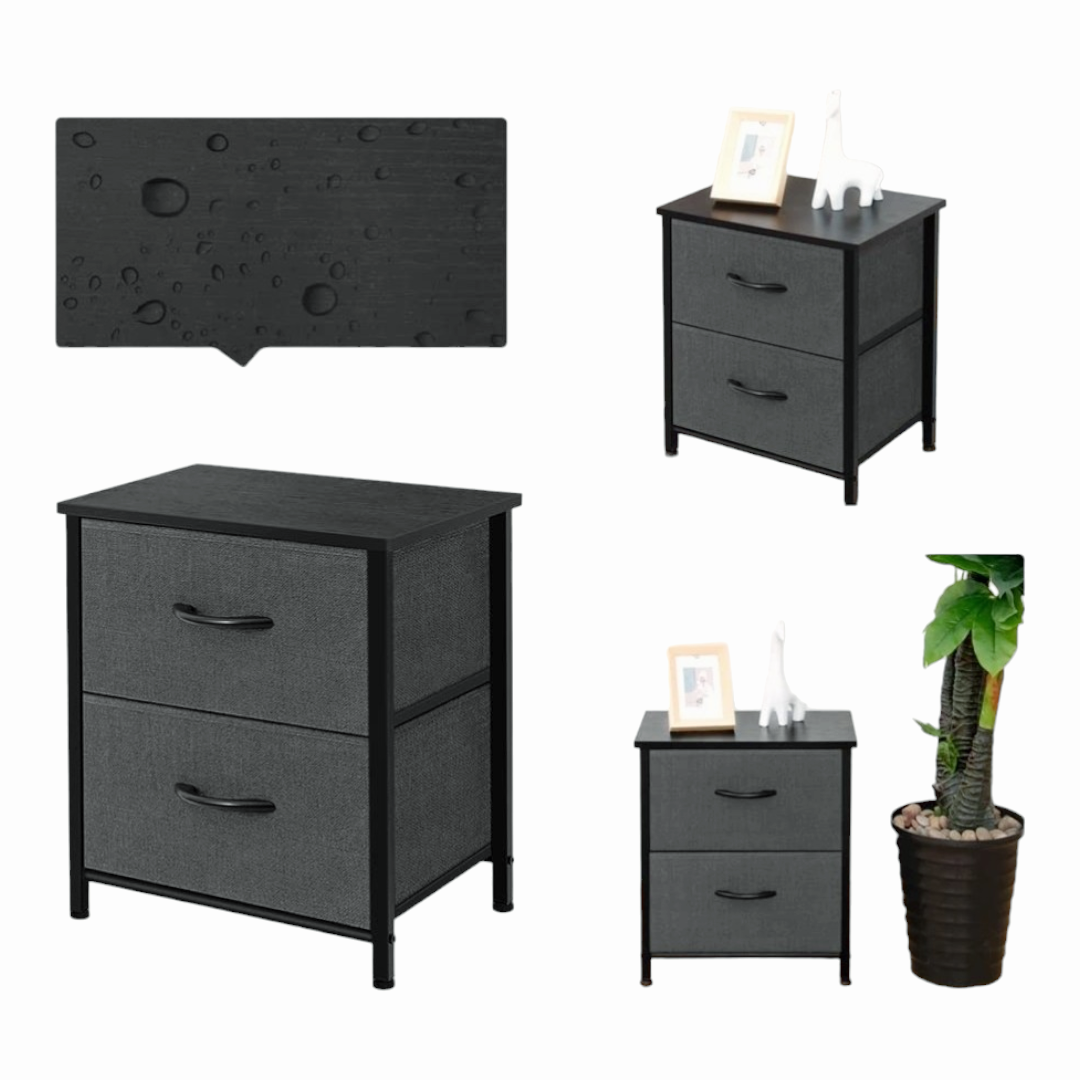 NEW *Dark Grey Nightstand w/ 2-Drawers Bedside Fabric Bins Steel Frame 18"x12"x20"