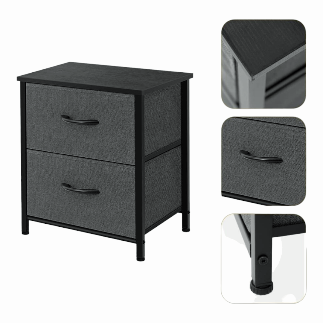 NEW *Dark Grey Nightstand w/ 2-Drawers Bedside Fabric Bins Steel Frame 18"x12"x20"