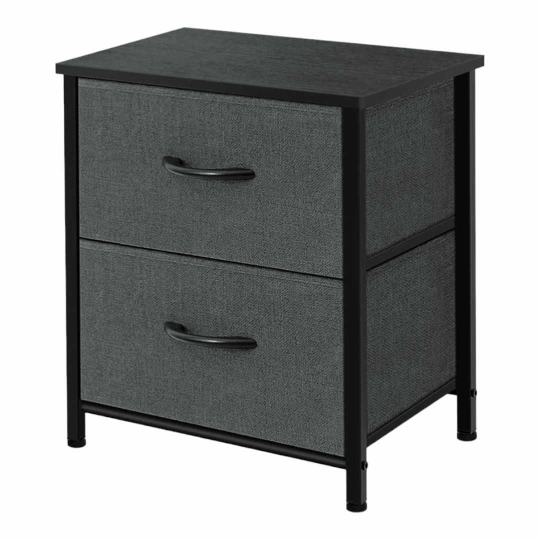 NEW *Dark Grey Nightstand w/ 2-Drawers Bedside Fabric Bins Steel Frame 18"x12"x20"