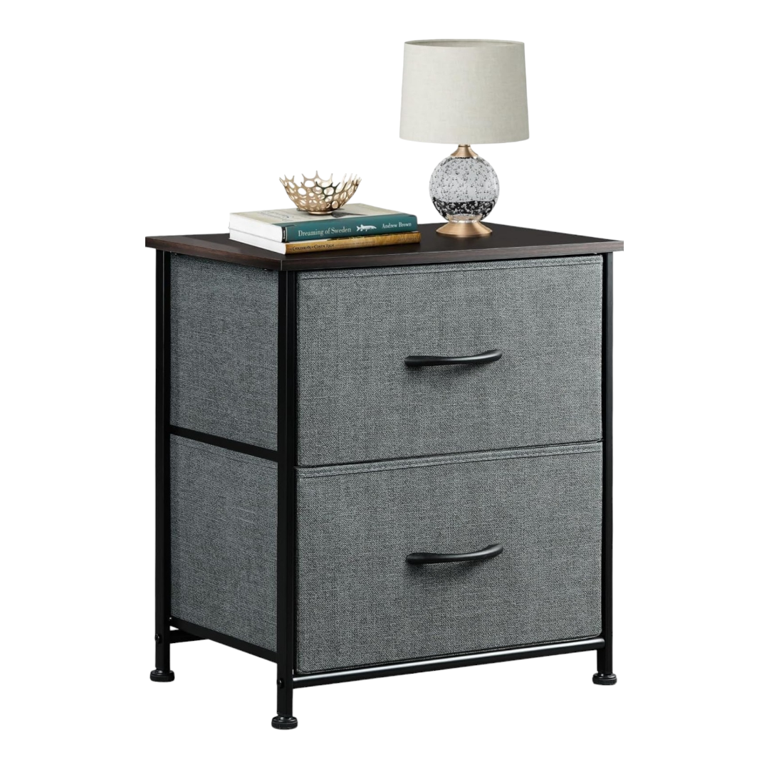 NEW *Dark Grey Nightstand w/ 2-Drawers Bedside Fabric Bins Steel Frame 18"x12"x20"