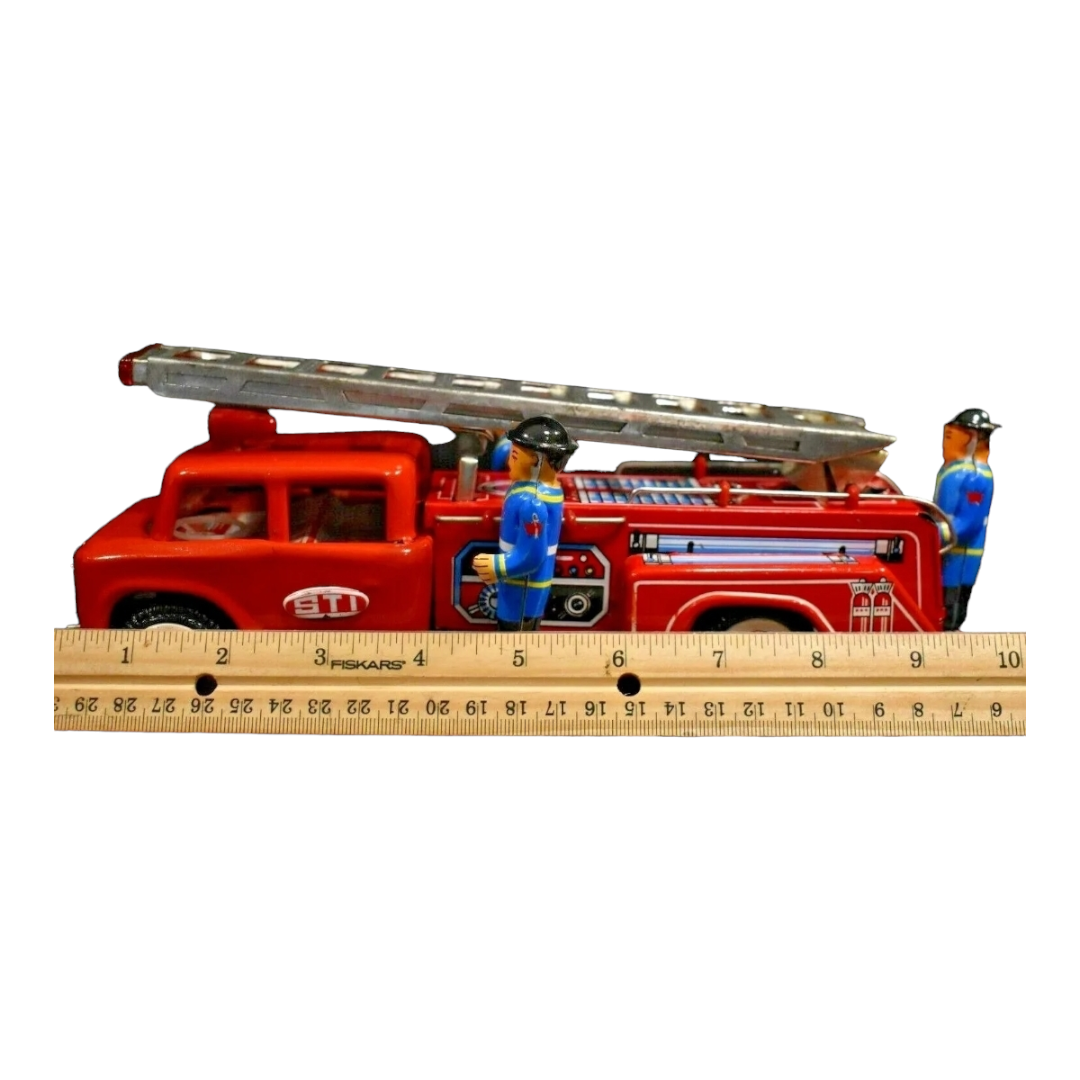 Vtg. Style Fire Engine Truck Extendable Ladder Friction w/ Siren Tin Toy (1980s)