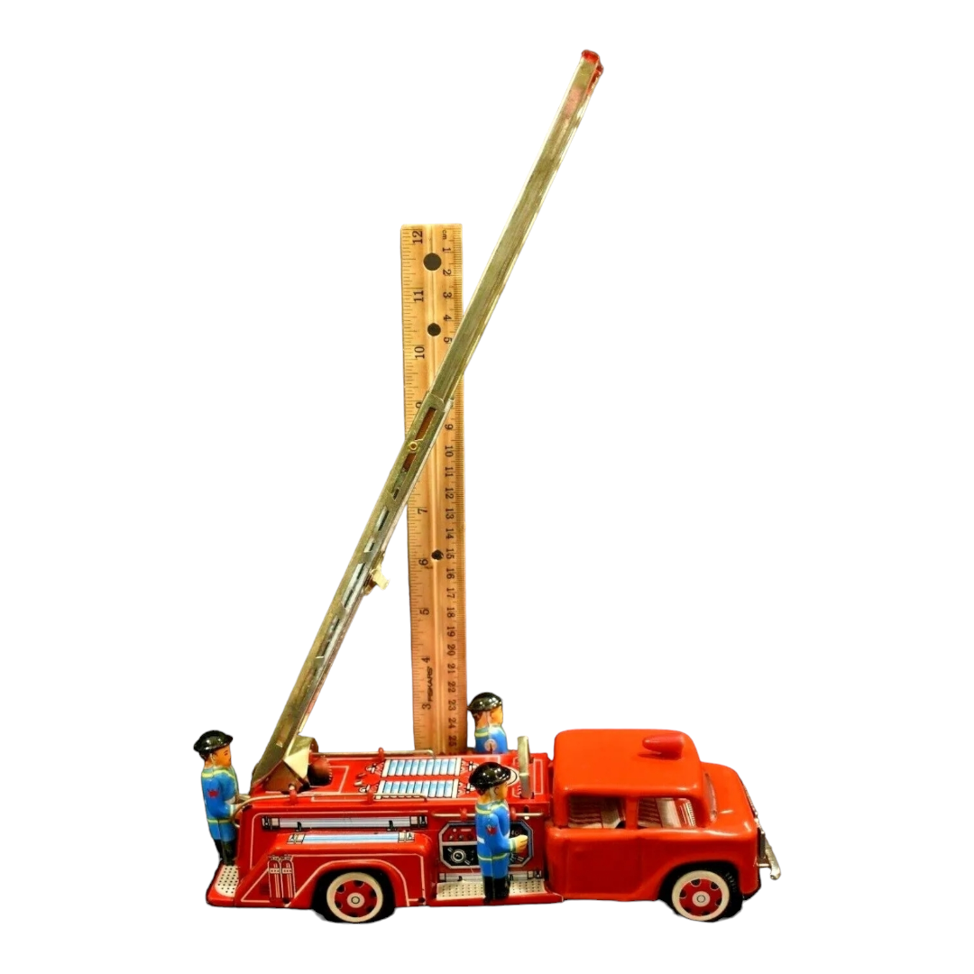 Vtg. Style Fire Engine Truck Extendable Ladder Friction w/ Siren Tin Toy (1980s)