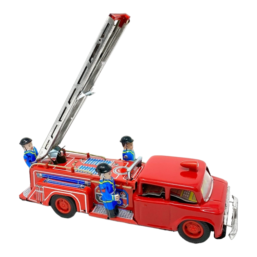 Vtg. Style Fire Engine Truck Extendable Ladder Friction w/ Siren Tin Toy (1980s)