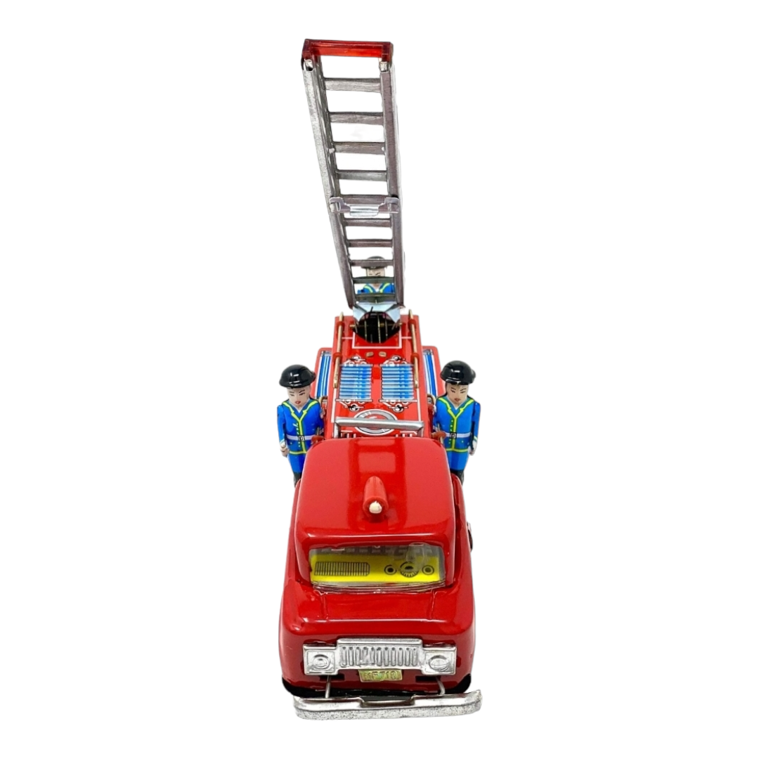 Vtg. Style Fire Engine Truck Extendable Ladder Friction w/ Siren Tin Toy (1980s)