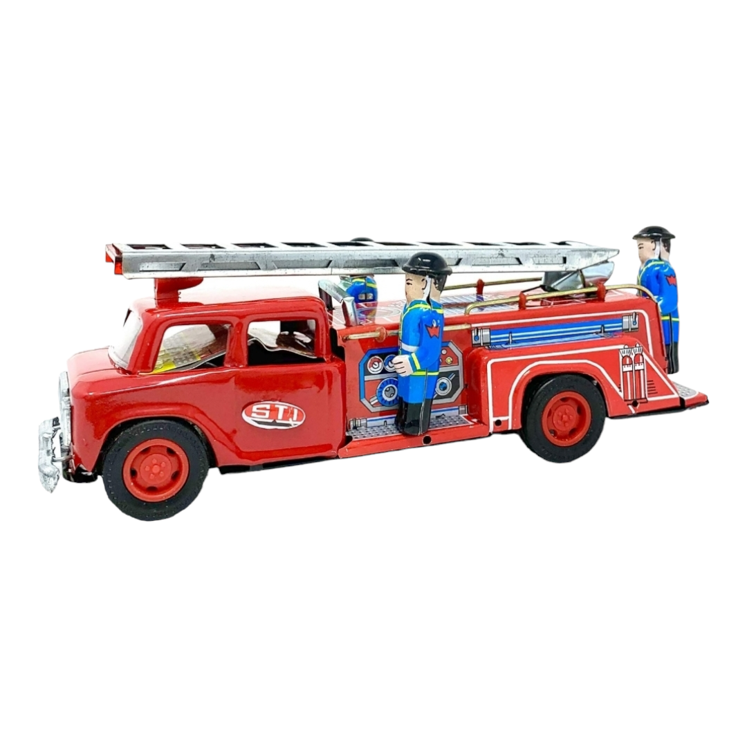 Vtg. Style Fire Engine Truck Extendable Ladder Friction w/ Siren Tin Toy (1980s)