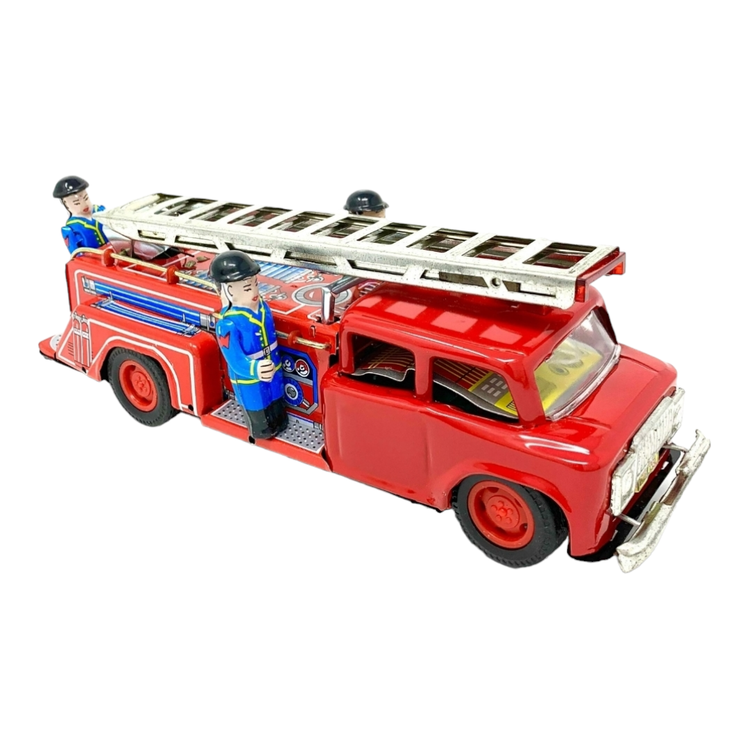 Vtg. Style Fire Engine Truck Extendable Ladder Friction w/ Siren Tin Toy (1980s)