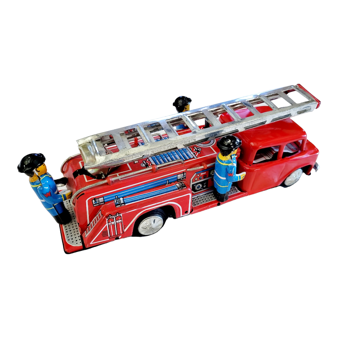 Vtg. Style Fire Engine Truck Extendable Ladder Friction w/ Siren Tin Toy (1980s)