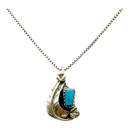 Vintage *Sterling Silver & Turquoise Leaf Pendant 18" Necklace by Southwest Artist