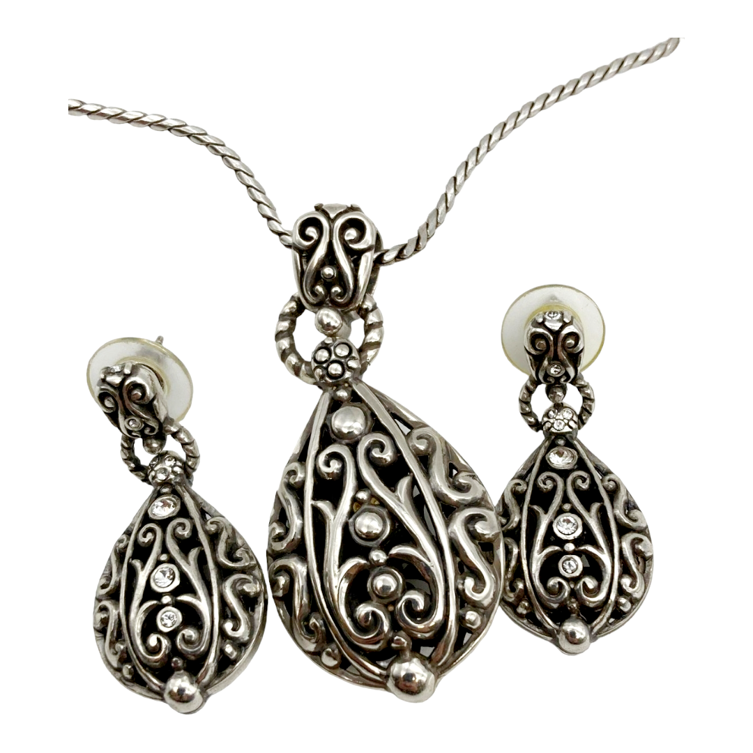 Beautiful *Brighton Silver Filigree Necklace & Matching TearDrop Earrings Jewelry Set
