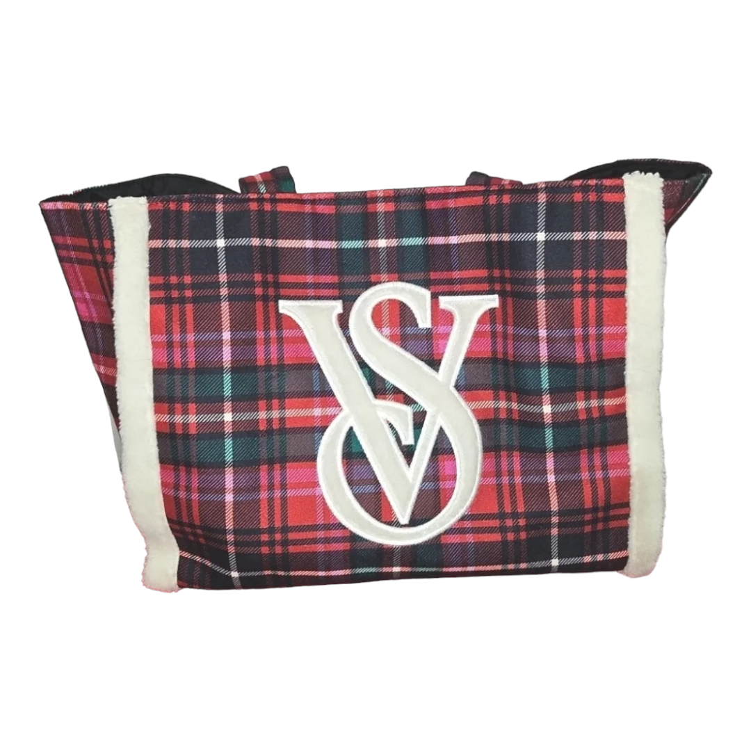 Victoria Secret *Red Plaid Sherpa Lined Tote Bag Carryall Travel Weekender8