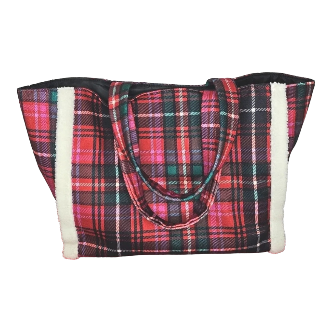 Victoria Secret *Red Plaid Sherpa Lined Tote Bag Carryall Travel Weekender8