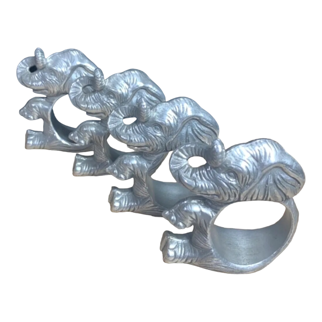 Elephant 'Trunk Up' Silver Metal Napkin Ring Holders - Set of 4 (Aluminum Hollowware)