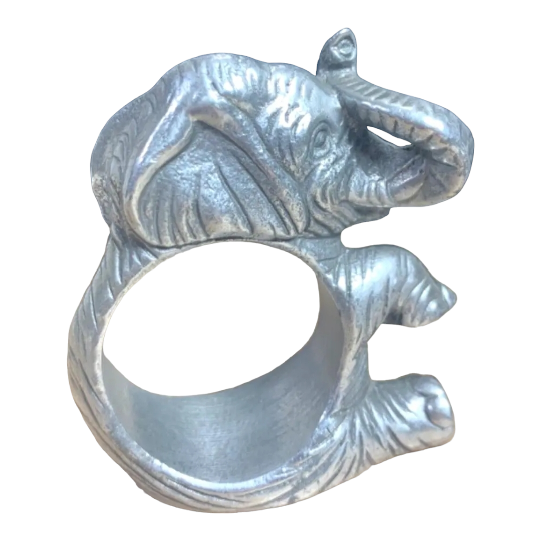 Elephant 'Trunk Up' Silver Metal Napkin Ring Holders - Set of 4 (Aluminum Hollowware)