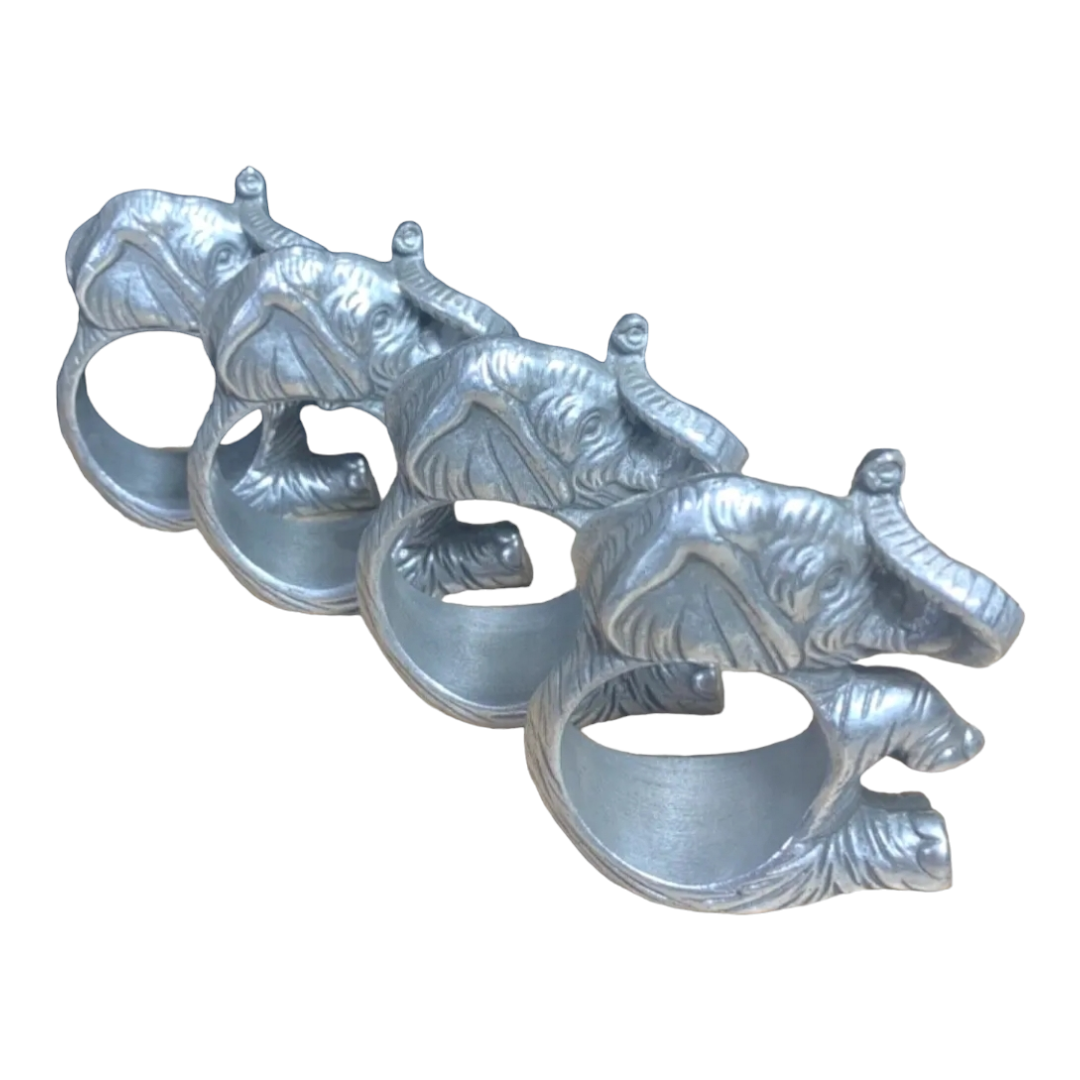 Elephant 'Trunk Up' Silver Metal Napkin Ring Holders - Set of 4 (Aluminum Hollowware)