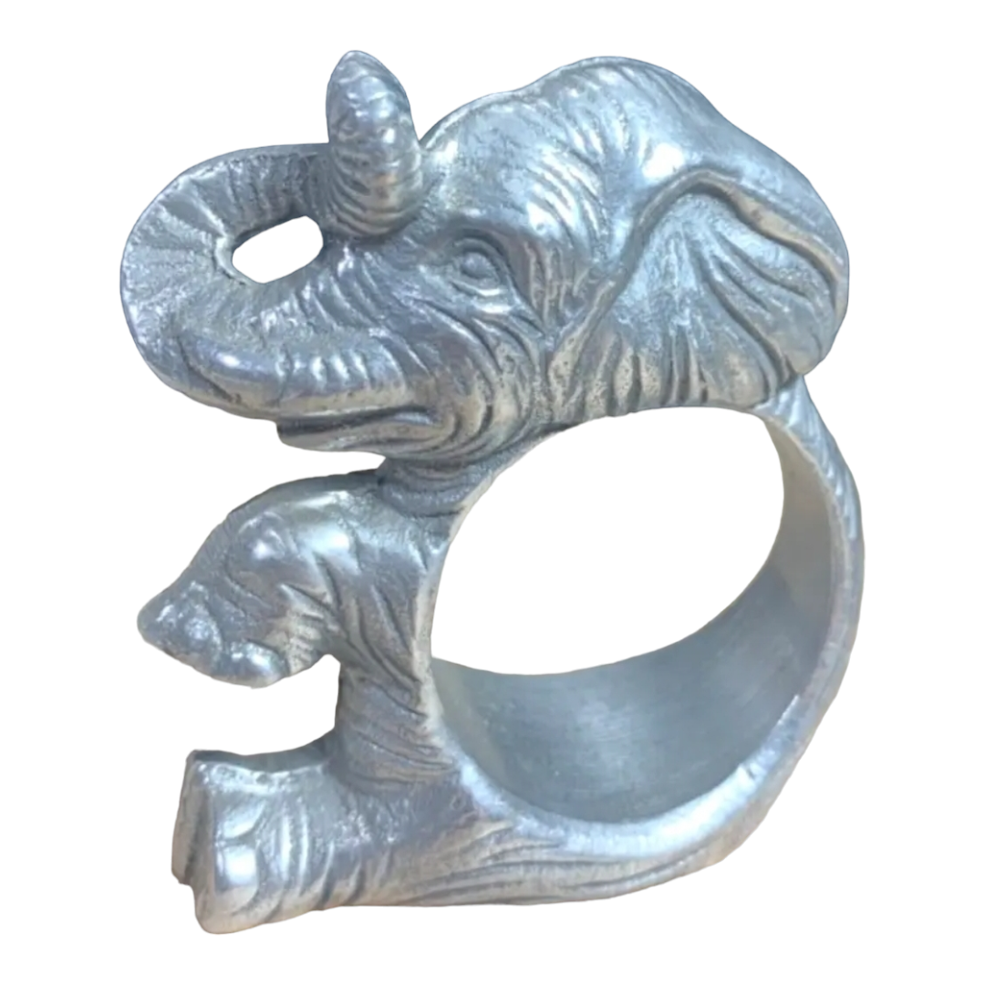 Elephant 'Trunk Up' Silver Metal Napkin Ring Holders - Set of 4 (Aluminum Hollowware)