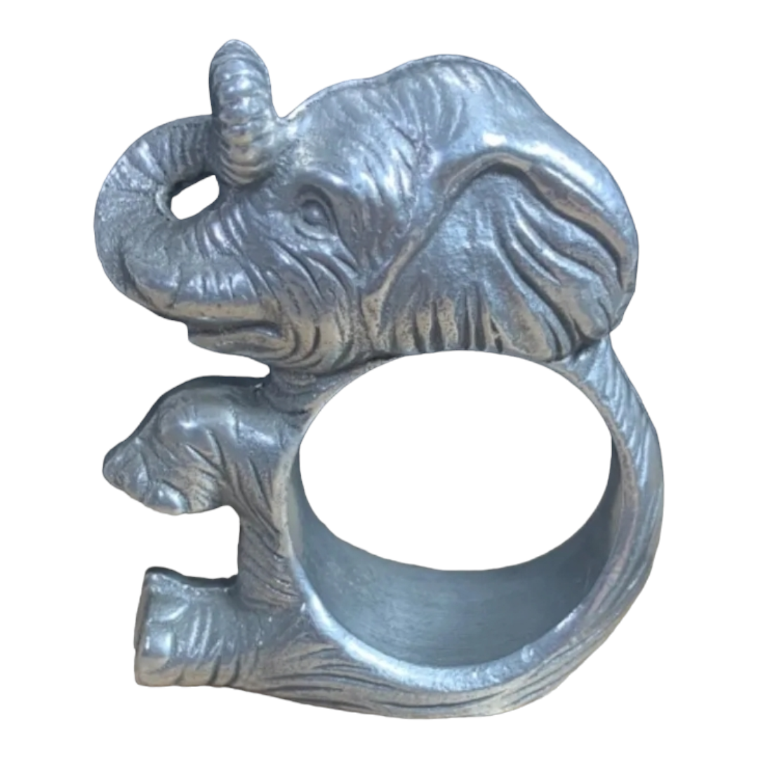 Elephant 'Trunk Up' Silver Metal Napkin Ring Holders - Set of 4 (Aluminum Hollowware)