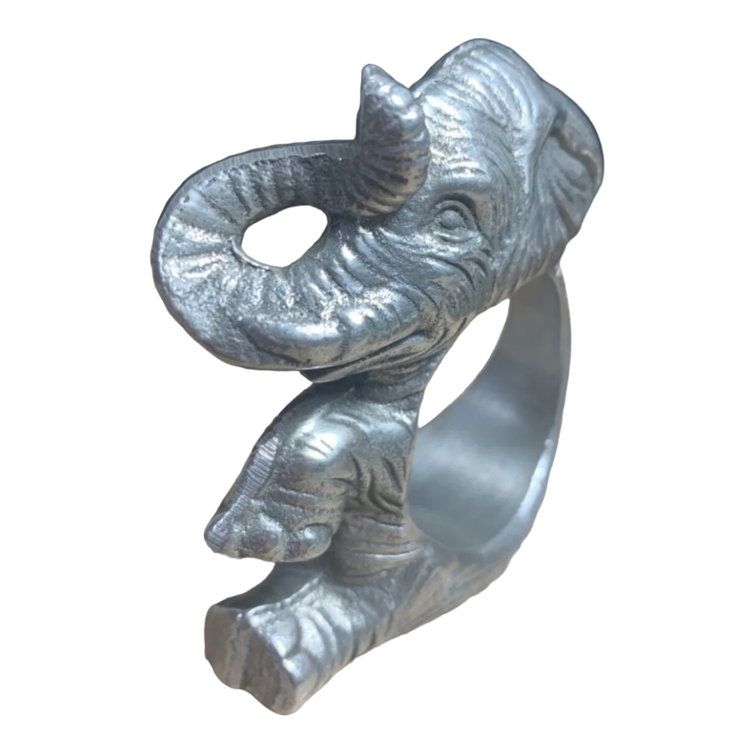 Elephant 'Trunk Up' Silver Metal Napkin Ring Holders - Set of 4 (Aluminum Hollowware)