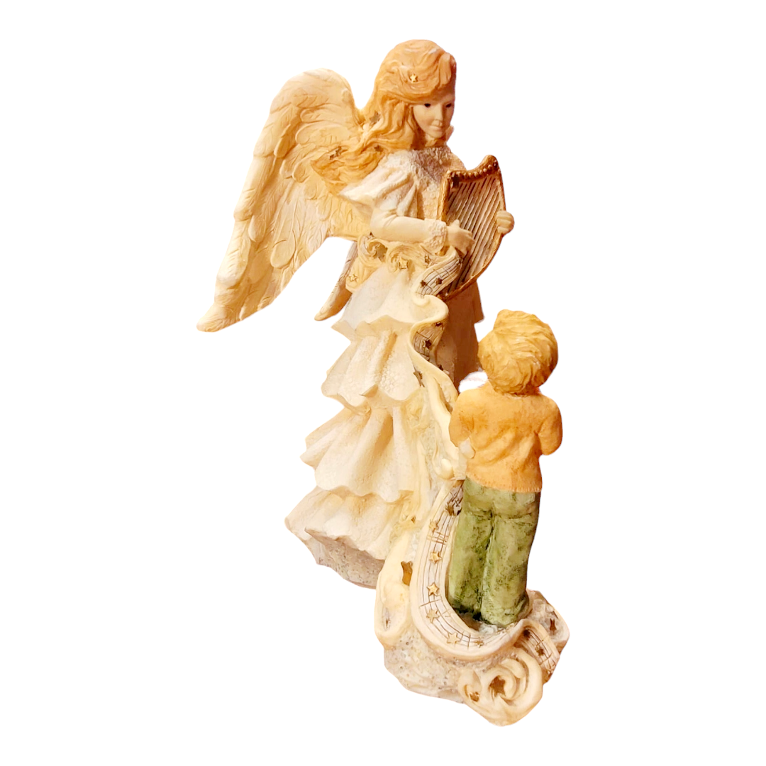"The Gift" *A Mystical 12" Angel Playing Harp to Child COA Cast Sculpture (1998) a/b