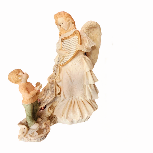 "The Gift" *A Mystical 12" Angel Playing Harp to Child COA Cast Sculpture (1998) a/b