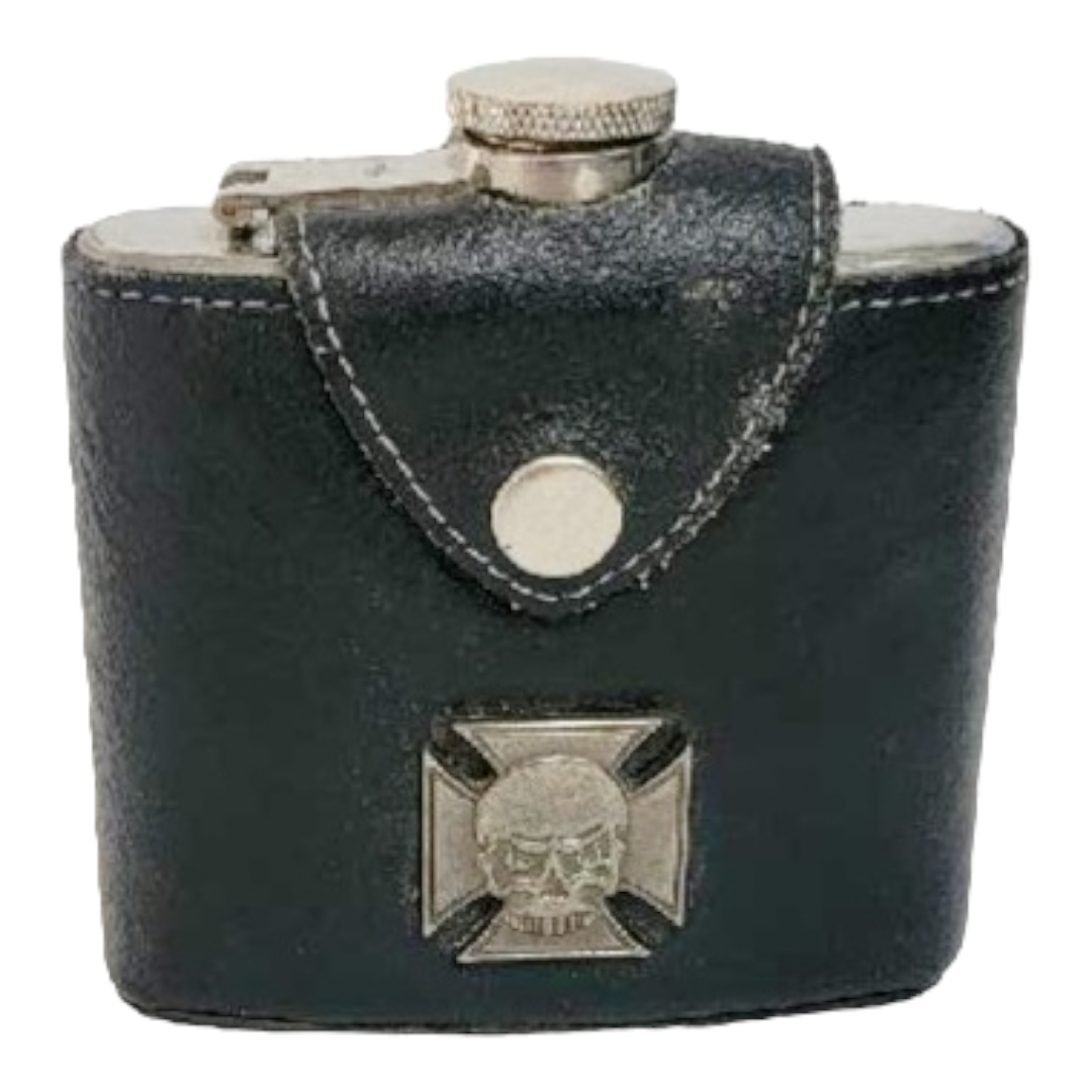 Leather Covered Stainless Steel 5 oz. Flask w/ Skull Emblem Belt Loops