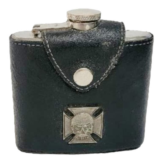 Leather Covered Stainless Steel 5 oz. Flask w/ Skull Emblem Belt Loops