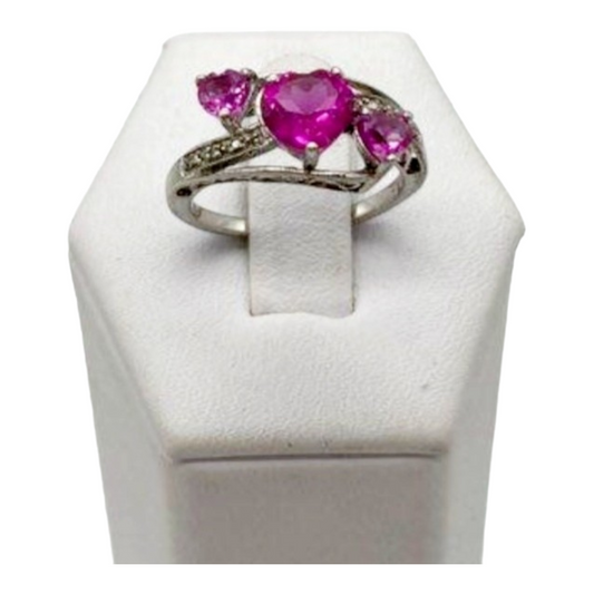 Beautiful *Sterling Silver & Pink Sapphire Hearts Ring (size 7)