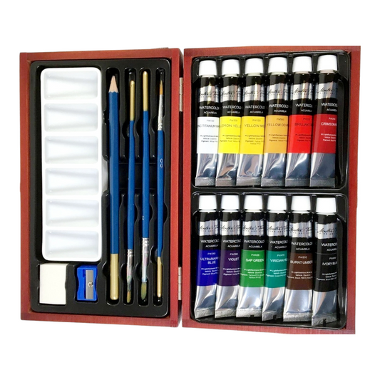 A 12-Piece Acrylic Paint Set with Wooden Case & Brushes (Unused)