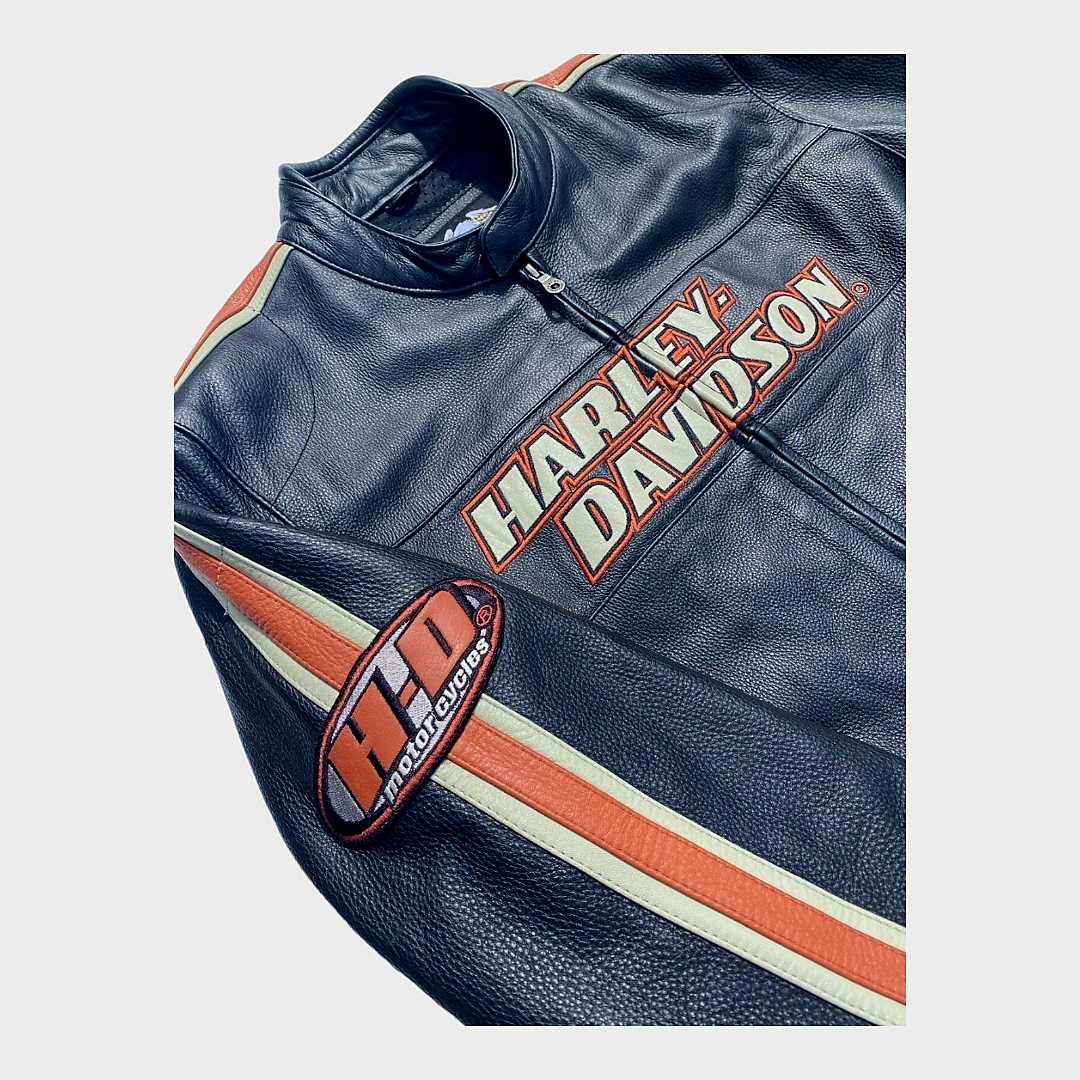Harley-Davidson Torque Men's Black Leather Vented Racing Stripe Jacket - Size 3XL