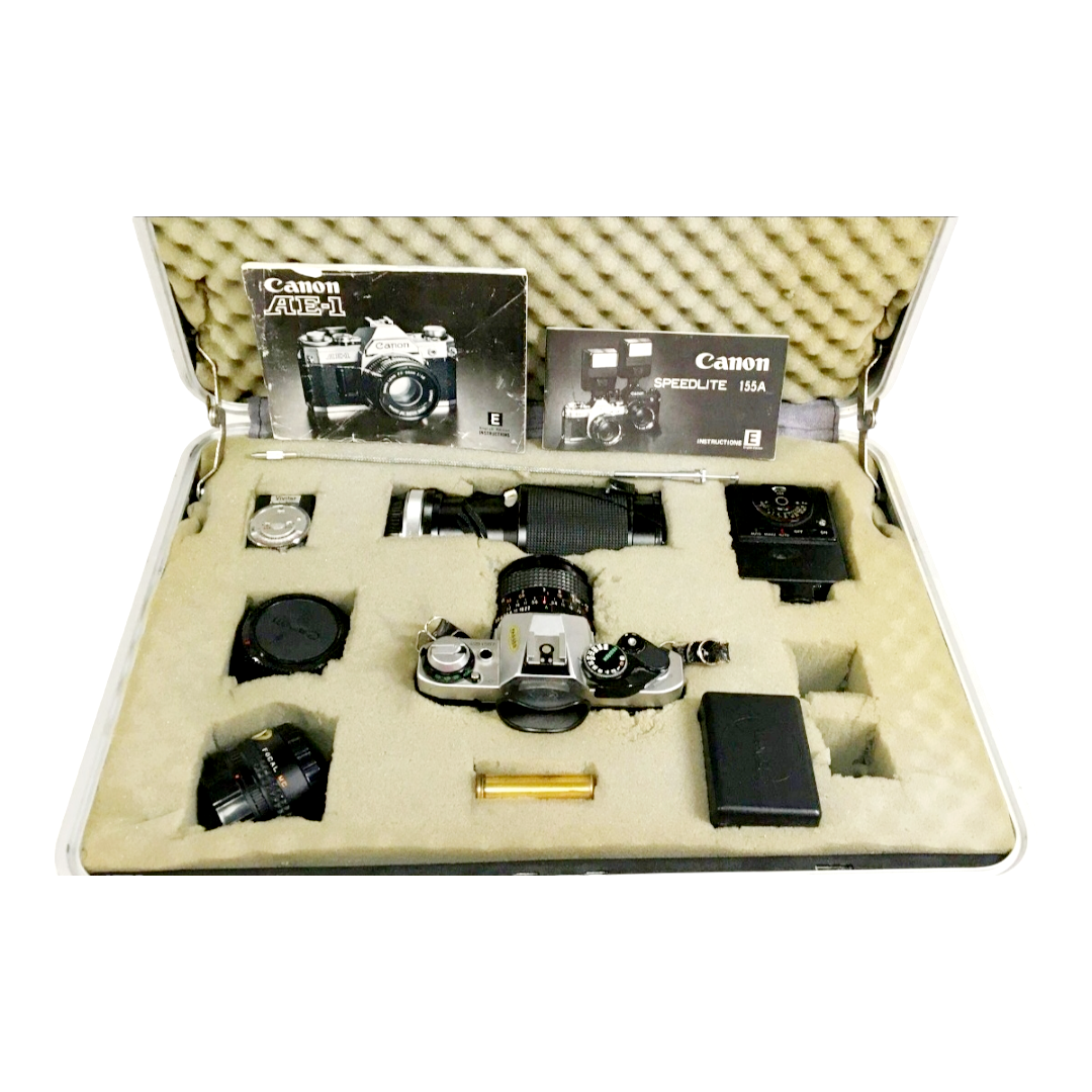 Canon AE-1 Program Chrome Camera + Vintage Lenses/Accessories Photographer Kit