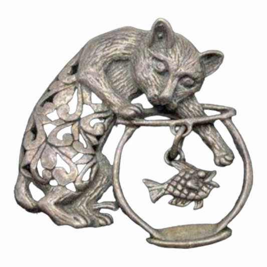 Beautiful *Sterling Silver Cat Reaching Into Fishbowl Pin Broach