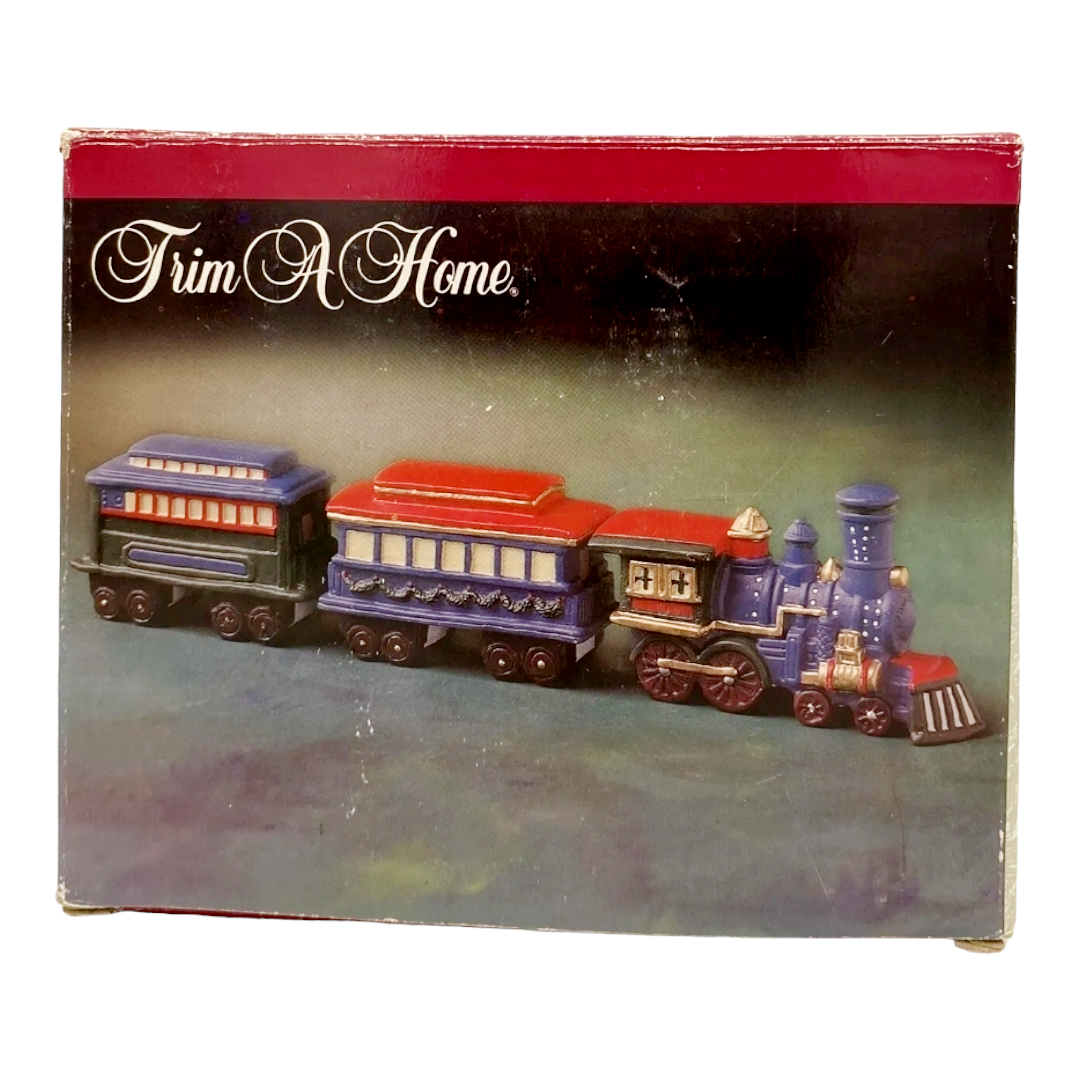Vintage *TRIM A HOME Porcelain Village Accessory 3pc Train Set w/ Box