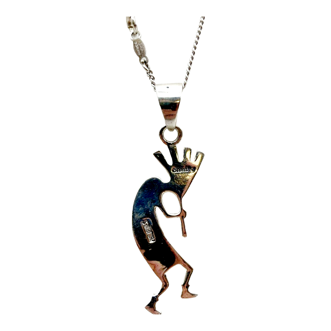 Beautiful *Sterling Silver & Turquoise Inlay KOKOPELLI Necklace 17" Long (13 grams)